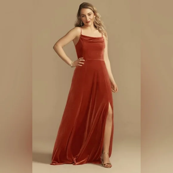 Velvet Cowl Neck Spaghetti Strap Bridesmaid Dress